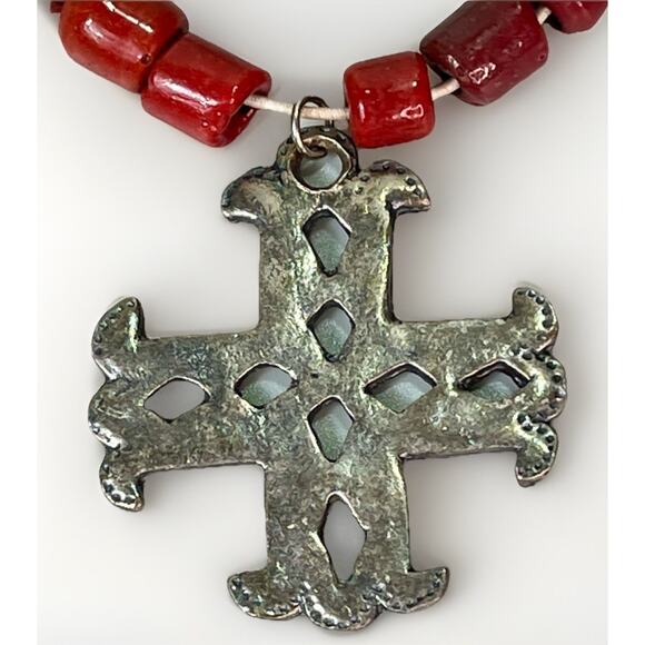 VTG Native American Turquoise & Red Coral Cross Necklace Sterling Silver Pendant - Picture 9 of 15